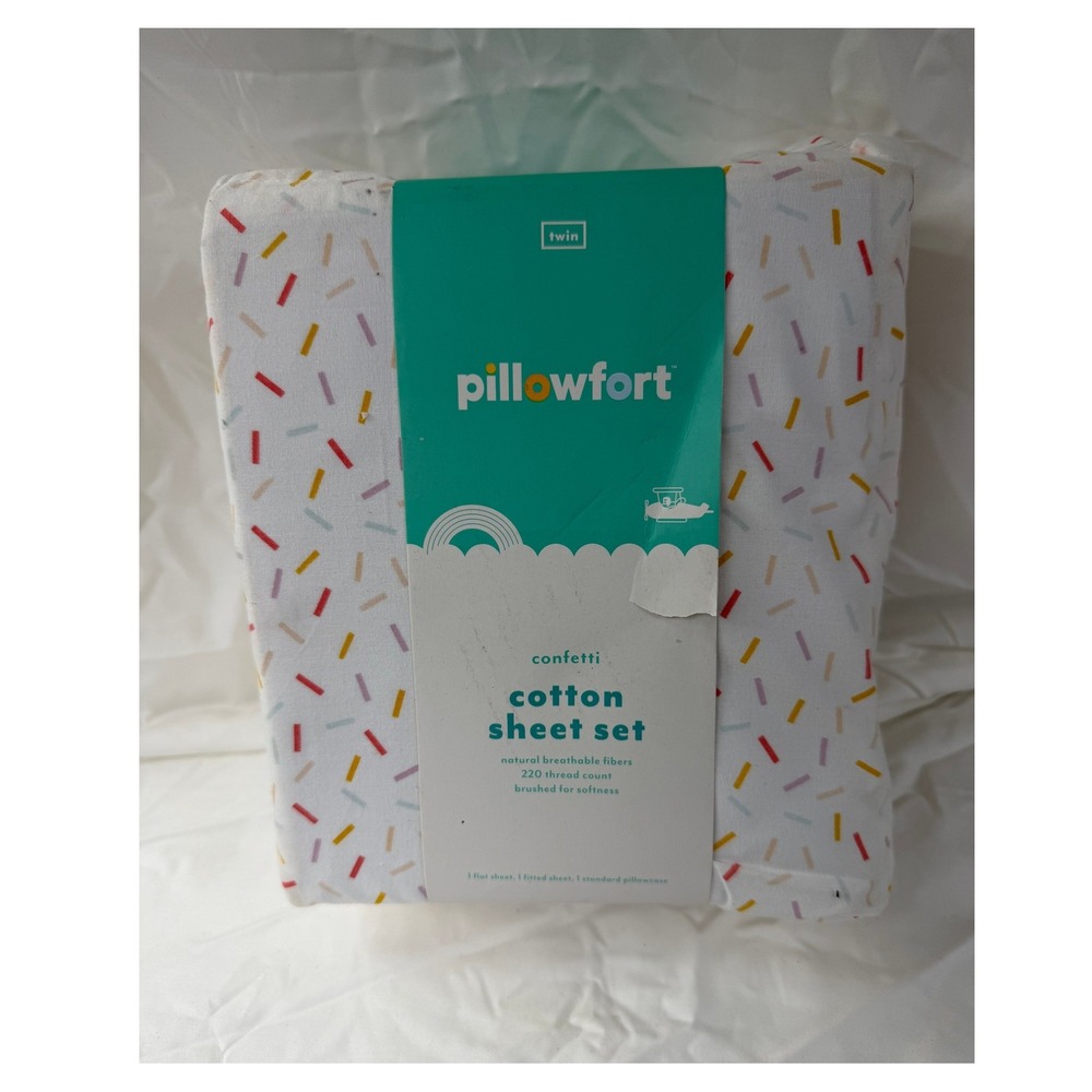 #162 Pillowfort Twin Cotton Sheet Set Confetti 3pc 220 Thread Count White Multi